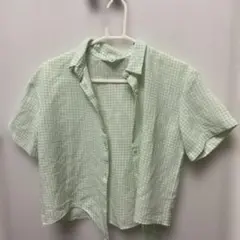 H&M 薄緑 チェック柄 半袖シャツ US16