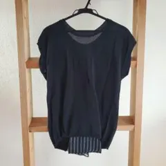 Loungedressバックジップ 半袖ニット ストライプ切替 ブラックのサムネイル