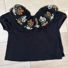花柄刺繍 襟付き 半袖Tシャツ ブラックのサムネイル
