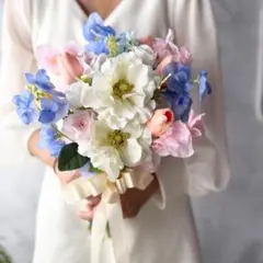 アネモネ×ブルー×ピンククラッチブーケ☆ブートニアつき　　　 結婚式