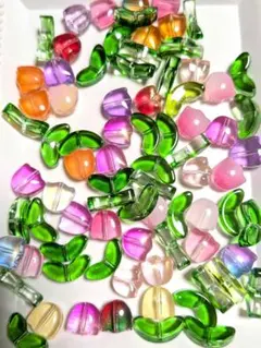 限定1 カラフル チューリップのと葉の花のビーズセット40個