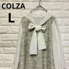 COLZA リボン付きワンピース Lサイズ ツイード風生地 白 薄緑深緑