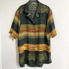 Liberty Hall 柄シャツ　総柄　大きめ　貝ボタン　昭和　レトロ