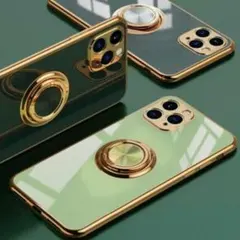 iPhone12 グリーン スマホケース リング付き ソフト カバー
