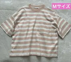 GU ボーダーヘビーウェイトTシャツ（5分袖） M ピンク】サイドスリットのサムネイル