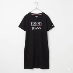 トミージーンズ 膝丈ワンピース クルーネック 半袖 M ロゴ 黒 綿 デート