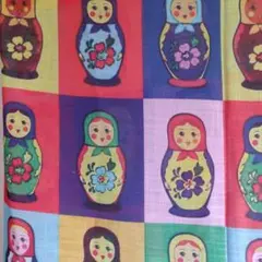 ショール　スカーフ　マトリョーシカ柄 コットン生地 フリンジ付き