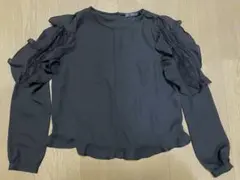 ZARA ブラック　フリル レース 長袖ブラウス　Mサイズ