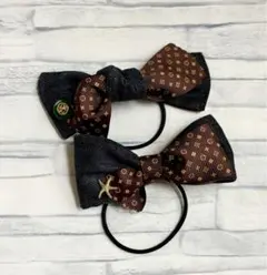 【リボンヘアゴム】デニム　2個セット　ハンドメイド　茶色