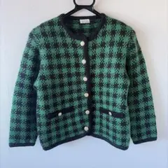 【古着】緑チェックのニットカーディガン