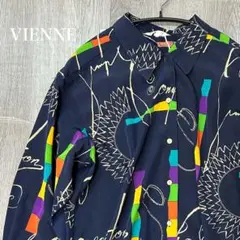 VIENNE アート柄 ネイビー レトロ 長袖シャツ おしゃれ　カラフル