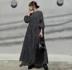 レトロ　ぽっちゃり　水玉　ワンピース　ぽわん袖　体型カバー　ゆったり　ロング　黒