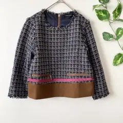 【クイーンズコート】ツイードジャケット ノーカラー プルオーバー 異素材 ラメのサムネイル