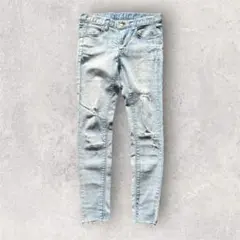 スキニーパンツ ライトブルーデニム ダメージジーンズ 切りっぱなし 平成ギャル