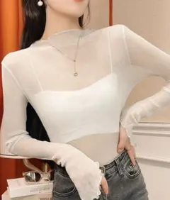 シアートップス　シアー　ラメ　透け感　ホワイト　シースルー