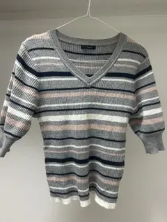 L'espoir ストライプ Vネック 五分袖トップス　夏服　グレー　レディース