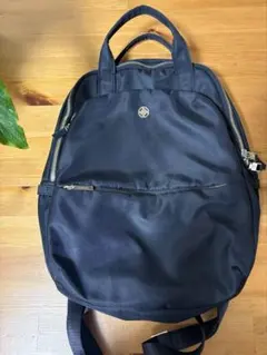 良品】トリーバーチ 巾着 リュック ナイロン レザー 紺系 ゴールド金具 