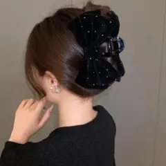 ヘアクリップ 黒 リボン バンスクリップ 大きめ クリップ ベロア