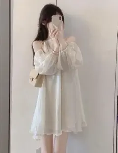 【ラスト1点！】ワンピース　長袖　ホワイト　シフォン　オフショルダー　おしゃれ