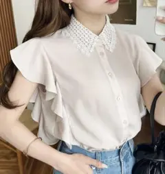 moment +シフォンジョーゼットレース襟フリルノースリーブブラウス