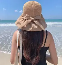 つば広 帽子 リボン UVカット 麦わら帽子 レディース　韓国　小顔効果 リボン