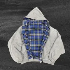 リバーシブルパーカー ブルーチェック グレー フードパーカー ユニセックス 青