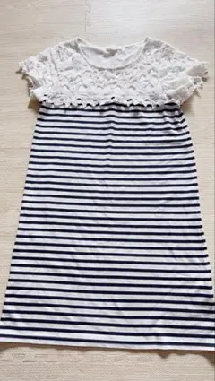 レース切替 ボーダー 半袖TシャツワンピースLサイズのサムネイル