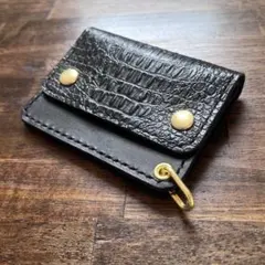 姫路レザー トラッカーウォレット ミニ 黒 ツヤ クロコ型押し ゴールド 金