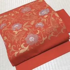 限定セール♪お太鼓柄九寸名古屋帯　手描き　花唐草蝶文　金彩