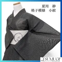 小紋　夏用　紗　格子模様　黒地　モノトーン　着物　073w d