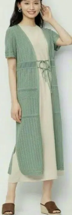 GU 2WAYレースニットロングカーディガン L グリーン
