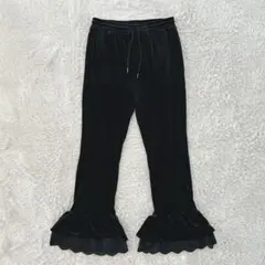 forksy.ベロアフリルレースパンツ ウエストゴム ブラック