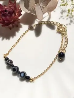 天眼石◇ブラックオニキス◇ 天然石ブレスレット◇ゴールドorシルバーチェーン