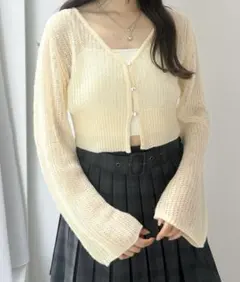 美品【Heather】ヘザー 袖フレアニットカーディガン クリーム フリーサイズ