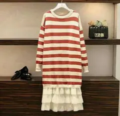 大きいサイズ ワンピース ボーダー ロング ティアード スカート ゆったり@