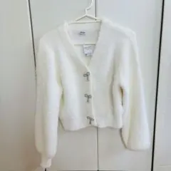 INGNI リボン フェザーニットカーディガン ホワイト ビジュー タグ付き