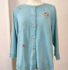 馬里邑まりむら　刺繍入り水色七分袖カーディガン　Lサイズのサムネイル