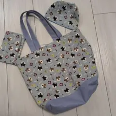 柴犬柄ハンドメイドトートバッグサブバッグ少し大きめ。ポーチ、マルチケース付き。