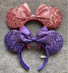 ディズニー　カチューシャ　スパンコール　リボン　ピンク　紫パープル　ミニー　2個