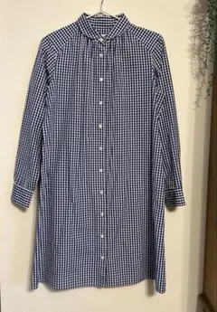 ①Parkes 襟付シャツワンピース ギンガムチェック 青×白　M