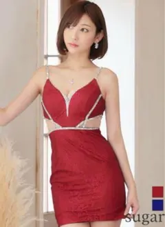 sugar レースビジュー付き赤ドレス　ROBE de FLEURS