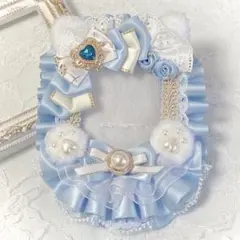 硬質ケースデコ トレカケースデコ レースデコ リボン 白 ×水色 ねこみみ 猫耳