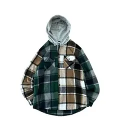 【美品】Vintage 00s フード付き 切替デザイン チェック 起毛シャツ