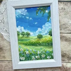 【原画：ハガキサイズ】　黄色い花畑と夏空　オイルパステル画 原画：ハガキサイズ】 黄色い花畑と夏空 オイルパステル画 - メルカリ