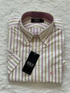 【新品】POLO 半袖シャツ ストライプ ボタンダウン ピンク系 Lのサムネイル