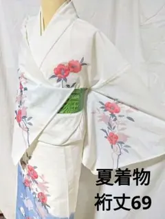 訪問着 絽 夏着物 青地 草花文 花枝 身丈166.5cm 仕立て上がり 正絹