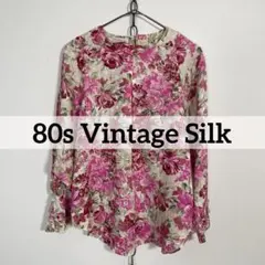 ★80sヴィンテージ シルクカットソー 花柄 絹 薔薇 ピンク 光沢 縦糸タグのサムネイル