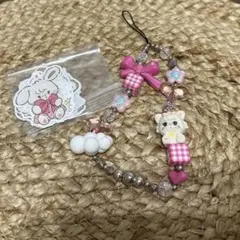 ハンドメイド ビーズストラップ うさぎステッカー付き