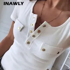 INAWLY 金属ボタン付きポロカラー半袖Tシャツ、カジュアルフィット