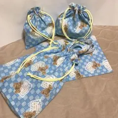 水色チェック&クマの4点セット★ハンドメイド